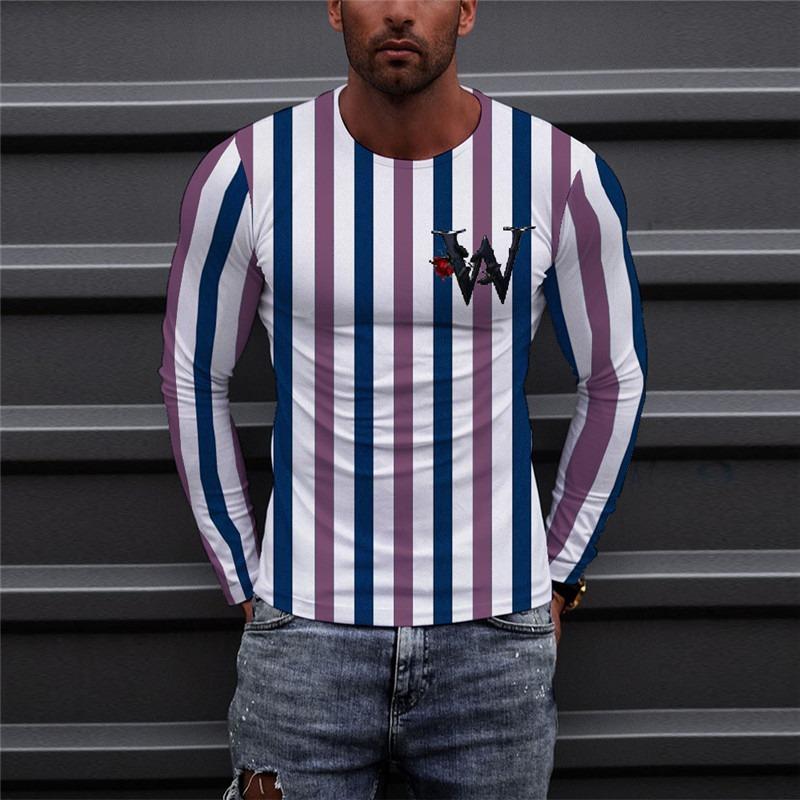 Long Sleeve Striped Men's Fashion T-Shirts Loose Casual Oversize Breathable Tops 3D Printed Letters Street Hip Hop Male Top Tee