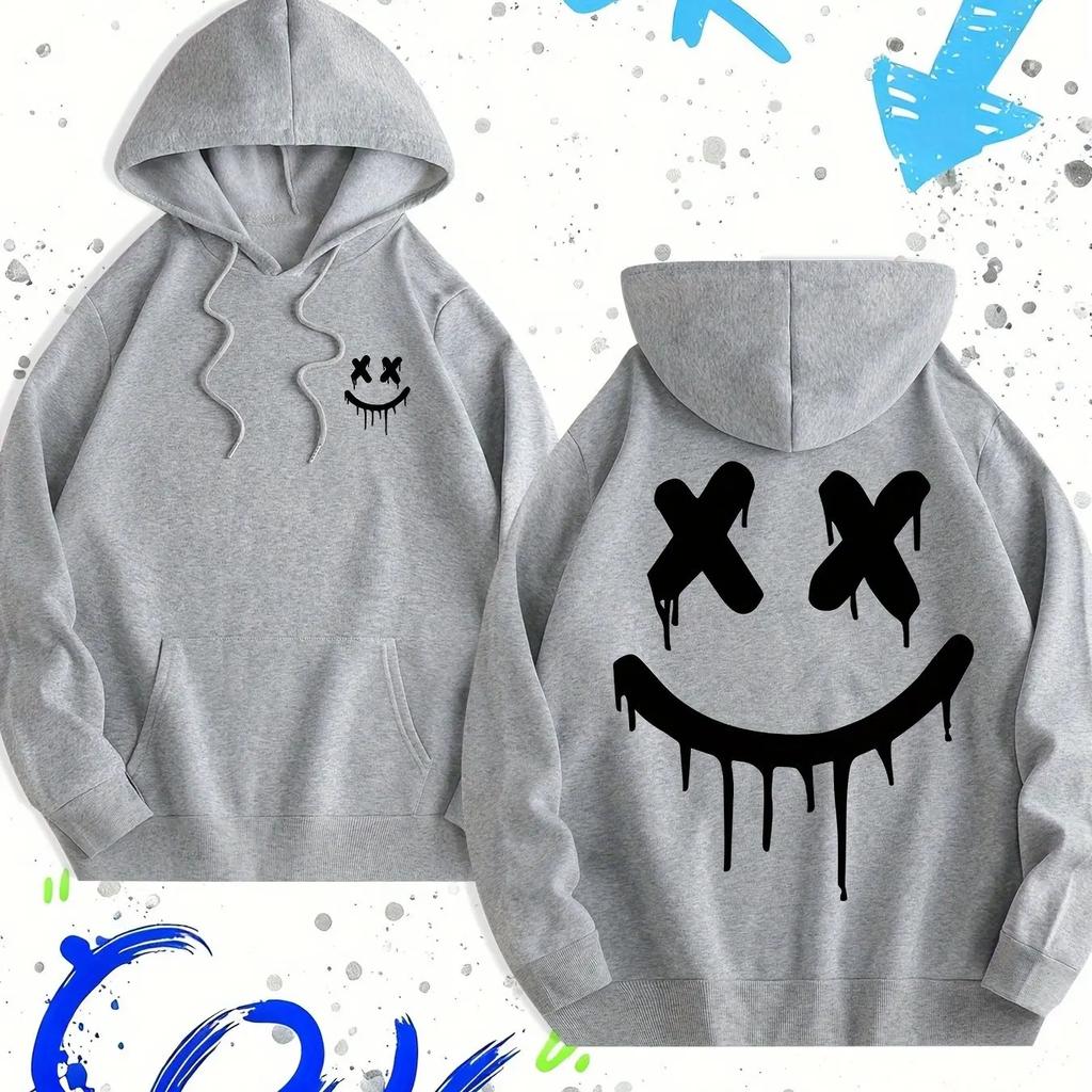 Smiley Face Print Men's and Women's Autumn  Winter Trendy Printed Hooded Fleece Sweatshirt Front and Back Printed Casual Hoodie