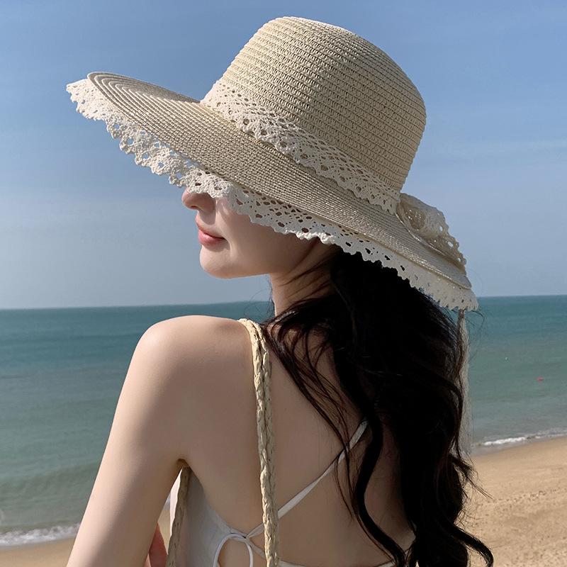 

Japanese Cute Women Sun Hat Women s Summer Large Jazz Straw Hat Wide Brim Floppy Beach HatsHand-woven Fashion Panama Hat Gift 54-59cm бежевий