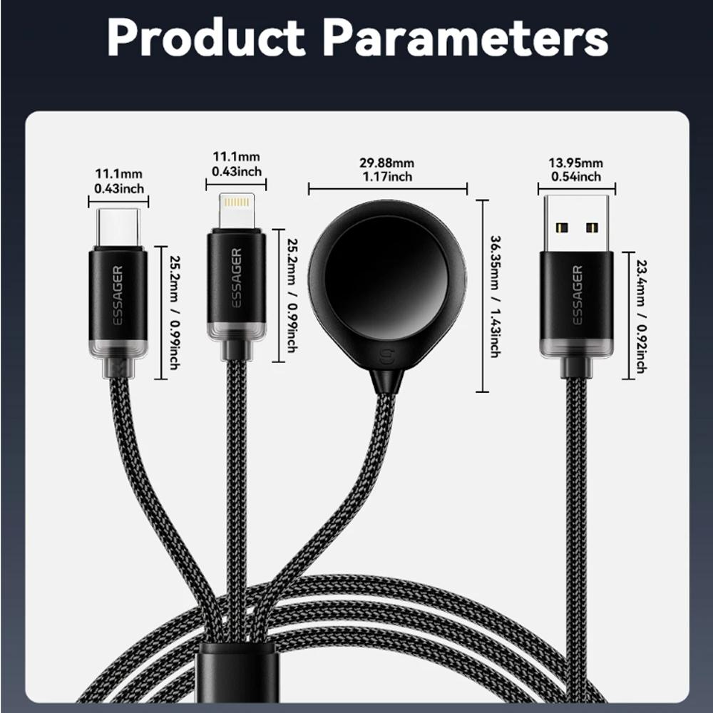 Essager 3 In 1 Multi USB A Charging Cable for Apple iWatch iPhone 16/15/14/13 Pro With USB Type C Lightning Fast Charging Cable