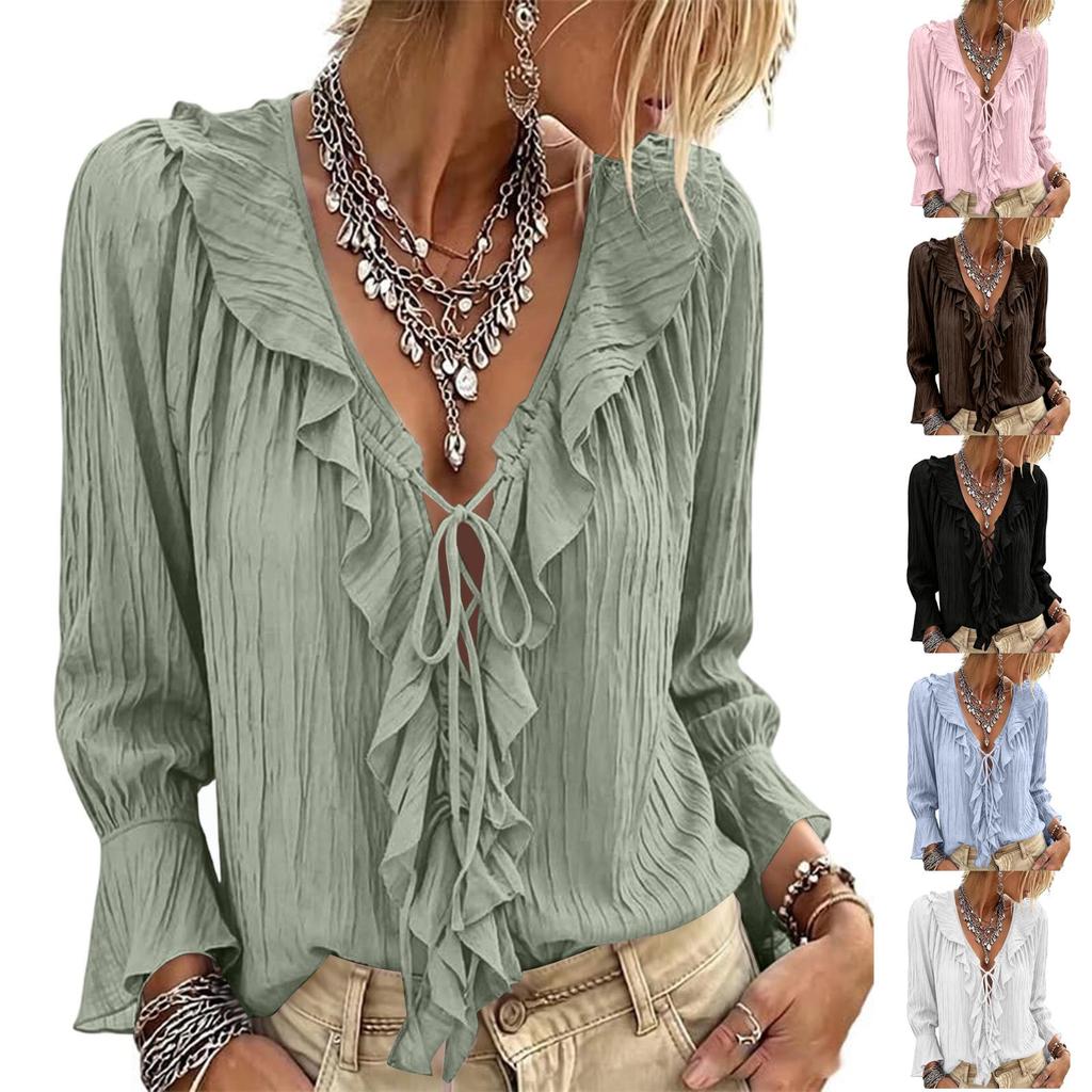 Women's Color V-Neck Ruffle Tie Long Sleeve Blouse Loose Fit Casual Top for Everyday Wear