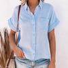 Women Solid Color Short Sleeve Button Up Top with Pocket Shirt Turn Down Collar Blouse Plus Size Summer
