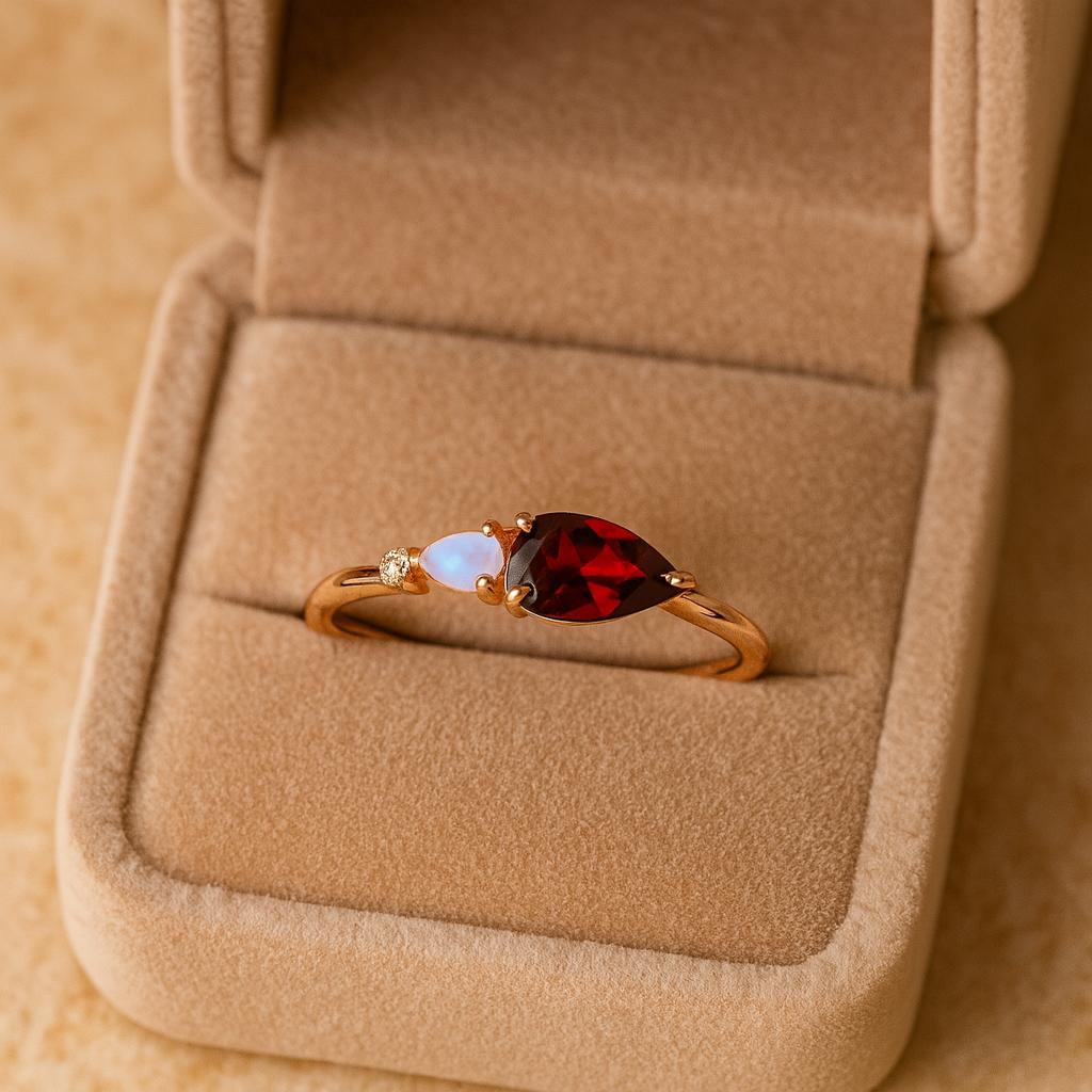 Red Garnet Bridal Ring, Pear Opal Statement Ring, Cubic Zirconia Wedding Ring, Rose Gold Plated Jewelry