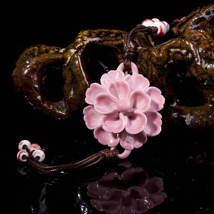 Classical Ceramic Blue and White Porcelain Peony Flower Necklace Women's Literary Retro Versatile Long Sweater Chain Accessories