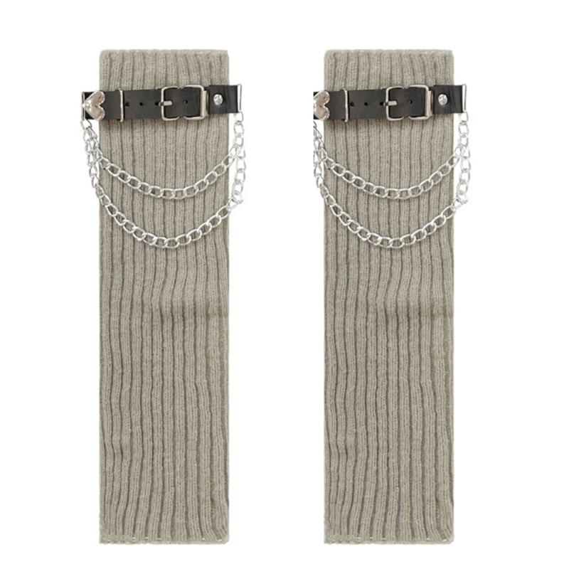 Ribbed Knitted Boot Toppers Covers with Heart Chain Leather Belt Harajuku Gothic Punk Leg Warmers Scrunch Long Socks
