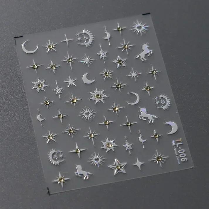 Gold Silver Love Star Moon Geometric Lines Necklace Stamping Retro Soft Self Adhesive Nail Art Sticker Manicure Decal
