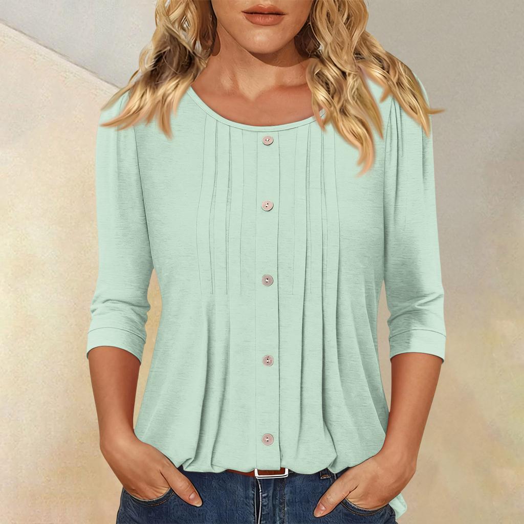 Women's Fashionable Casual Three,quarter Sleeve Button Color Round Neck Top