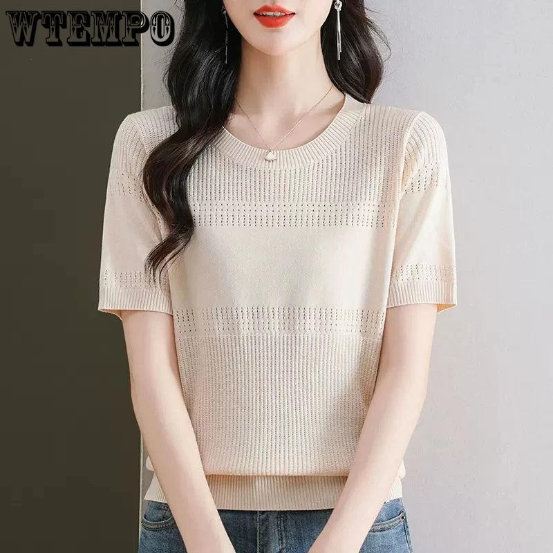 Summer Ice Silk Knitted Shirt Hollow Out Loose Top Temperament Short Sleeve T-shirt for Women