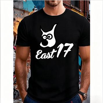 

2026 Новое поступление Мужская модная футболка в японском стиле с мультяшным портретом и принтом букв East17, Простой повседневный топ для ежедневной носки S чёрный