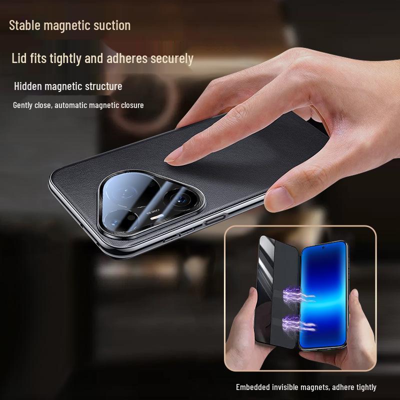 Qiali Genuine Leather Magnetic Flip Case with Smart Sleep for Huawei Pura90 Pro Max