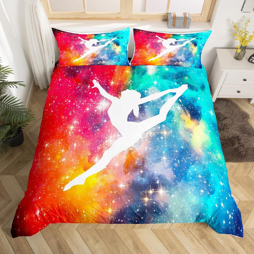Rainbow Bedding Set for Girls Ballet Duvet Cover Dancing Ballerina Silhouette Comforter Cover Twin Tie Dye Starry Sky Bed Cover