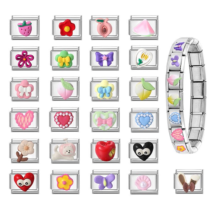 Cute 3D Series Red Apple Eye Heart Flower Bow Knot Italian Charm Link Fit 9mm Stainless Steel Jewelry DIY Making Bracelet Gift