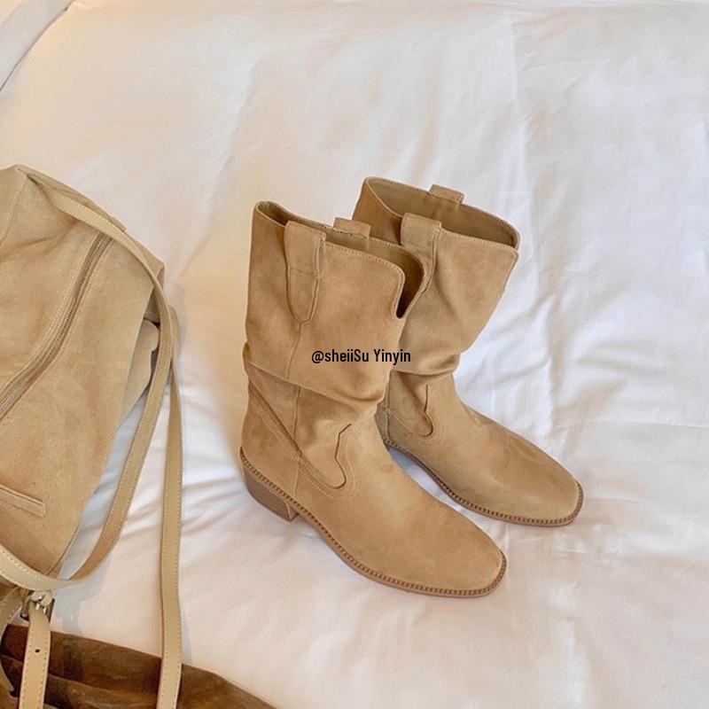 

Women s Western Cowhide V-Buckle Chunky Heel Short Boots - Autumn/Winter Size 37