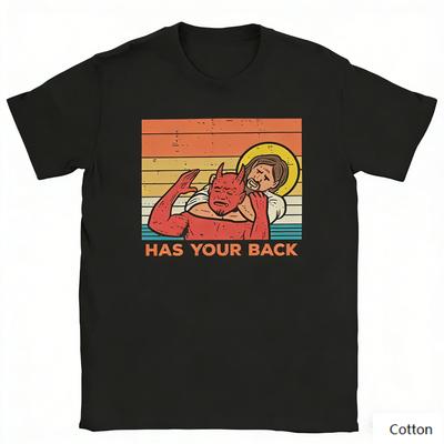 Retro Jesus and Devil Humor Graphic TShirt HAS YOUR BACK Print Pure Cotton Tee Vintage Streetwear Style Unisex Top