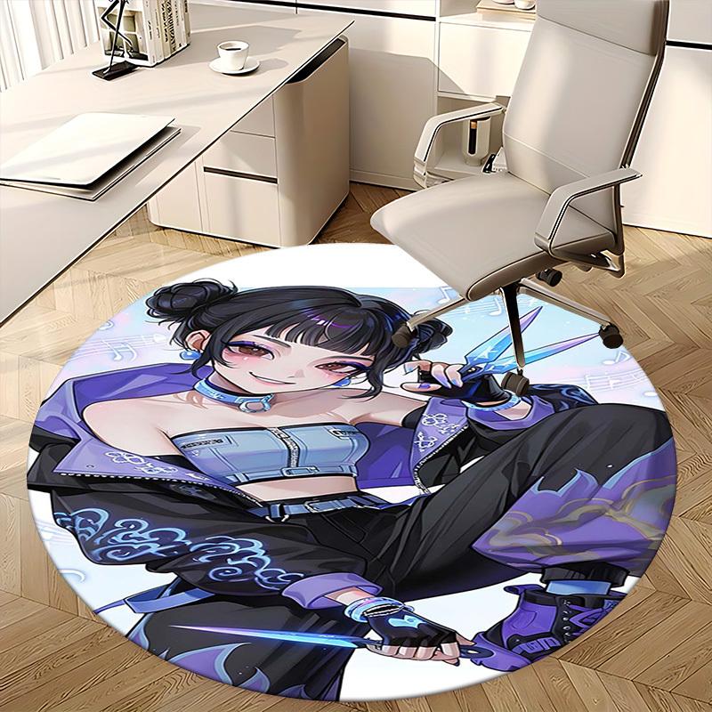 1pc Anime Design Round Carpet - Office Chair Mat with Cool Girl Holding Scissors and Music Notes, Suitable for Home Decor