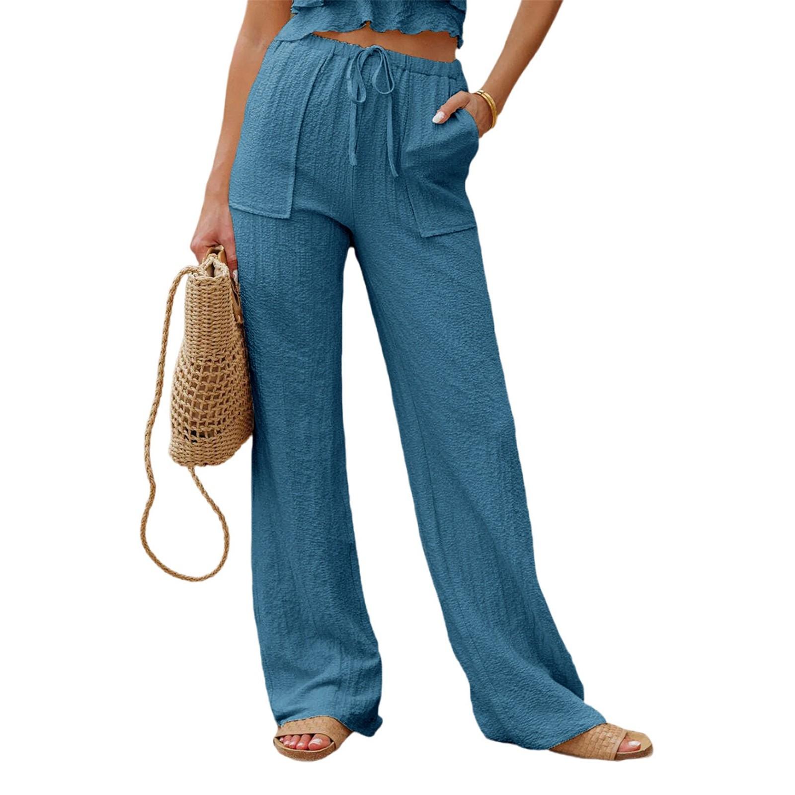 

Женские модные однотонные повседневные брюки с высокой талией и эластичным поясом на карманах XXL синий