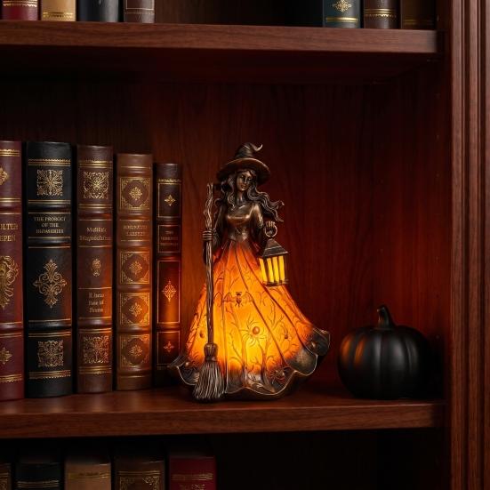 Spooky Home Decor Ornament Halloween Witch Tabletop Lamp, Gothic Night Light with Broom & Lantern, Desktop for Bedroom USB Powered Ambient Mantel