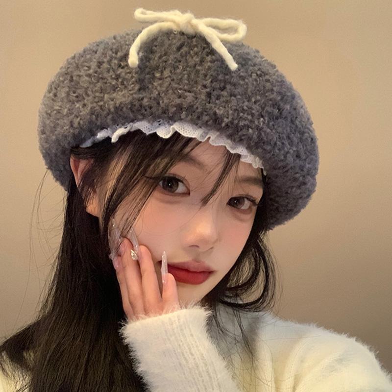Autumn And Winter Cute Hairy Bow Lace Beret Hats For Women Daily Wear Travel Pography Warm Fashion Versatile Painter Hata