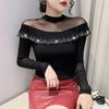 Spring Autumn Long-Sleeved Women's T-shirt Fashion Shiny Ruffles Diamonds Tops Femme Sexy Perspective Mesh Tees Clothes