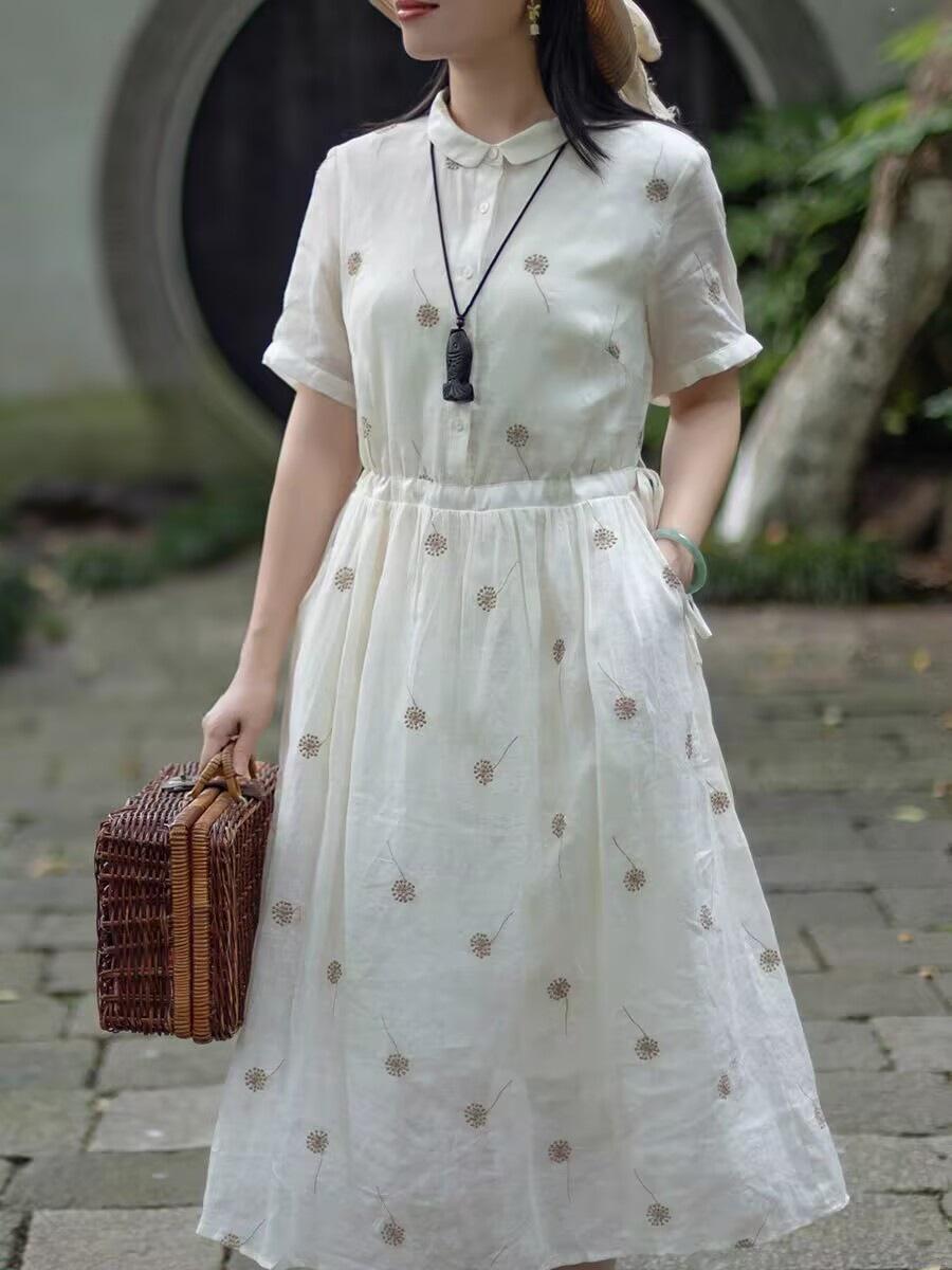 

Вышитое хлопково-льняное платье-рубашка женское 2025 лето новая легкая роскошь высокий класс отложной воротник короткий рукав темперамент длинное платье 2XL