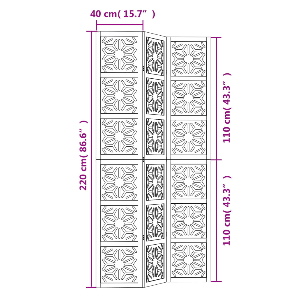 3 pc. Room Divider in Brown and Black Solid Paulownia Wood