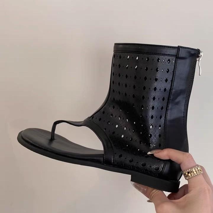 New niche hollow toe short tube Roman women's cool boots pinch sandals women's summer flat