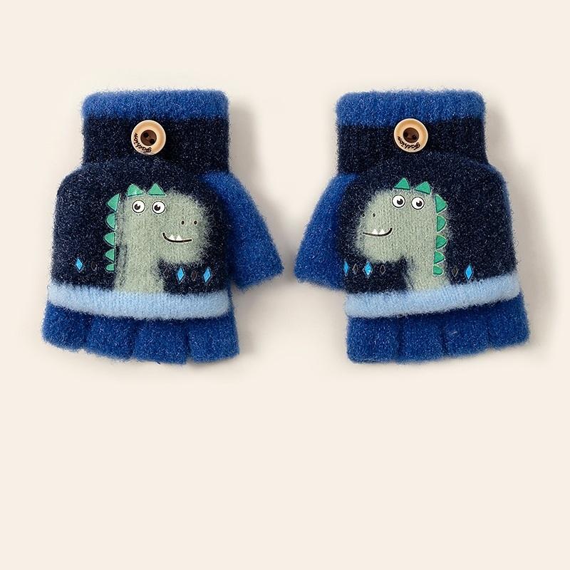

Winter Kindergarden Baby Writing Gloves with Flip Cover Boys Cute Dinosaur Gloves Kids Warm Cartoon Five Fingers Gloves 3-5Y синий