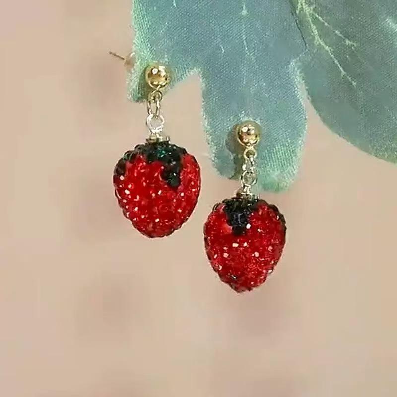 Sweet Cute Red Apple Shaped Earrings For Women Full Rhinestone Strawberry Rose Flower Green Leaf Earring Wedding Party Jewelry