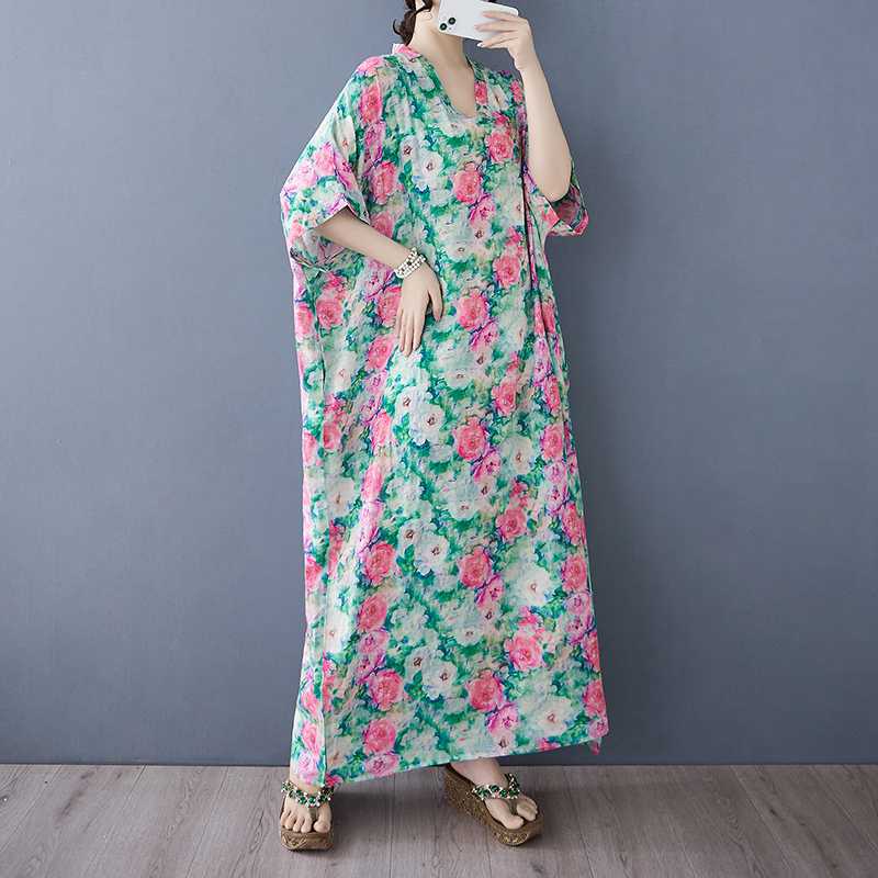 Summer Color Travel V-neck Retro Long Skirt Cotton Linen Dress