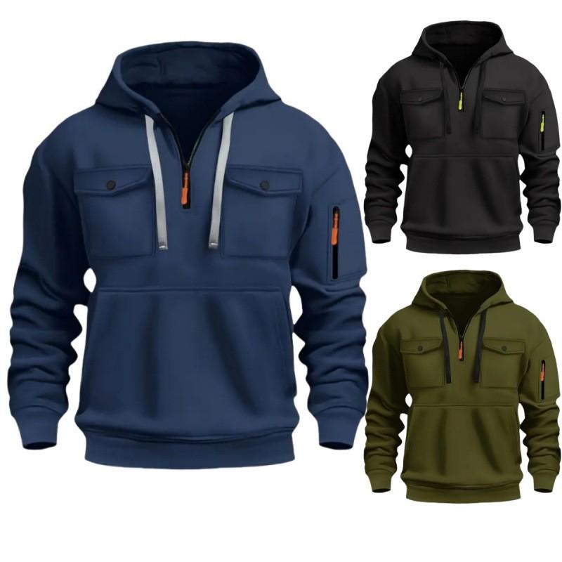 Mens Winter Warm Fleece Lined Hooded Pullover Sweatshirt With Zipper V-Neck Loose Fit Casual Sportswear