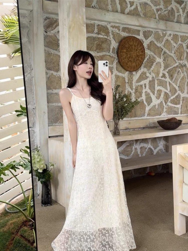 

Pure desire wind embroidery suspender dress women s summer new temperament fashion waist thin chic long dress tide S