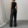 Women's 2-Piece Fashion Casual Sleeveless Tailored Vest + V-Neck Loose Top + High-Waisted Wide-Leg Pants Loungewear Set