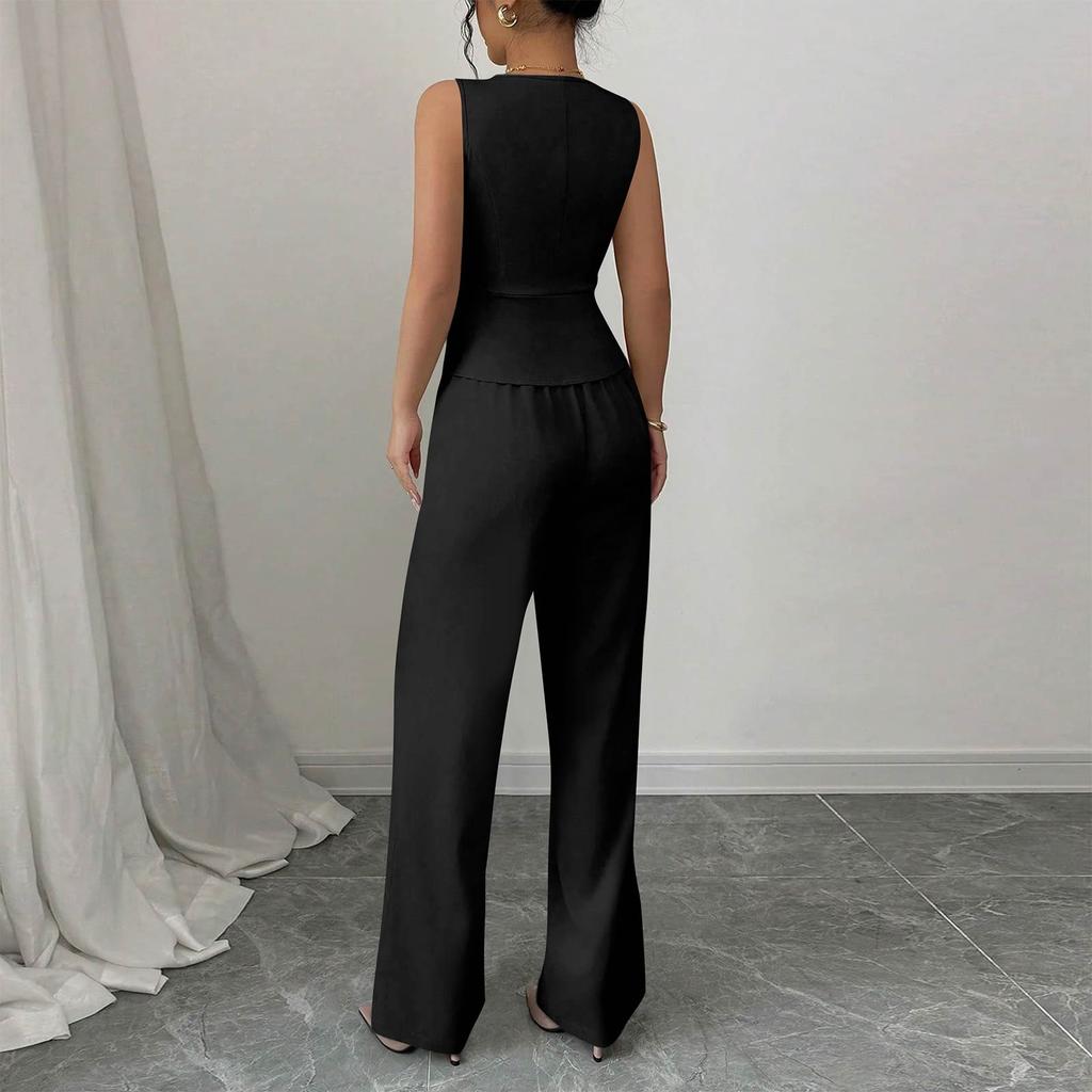 Women's 2-Piece Fashion Casual Sleeveless Tailored Vest + V-Neck Loose Top + High-Waisted Wide-Leg Pants Loungewear Set