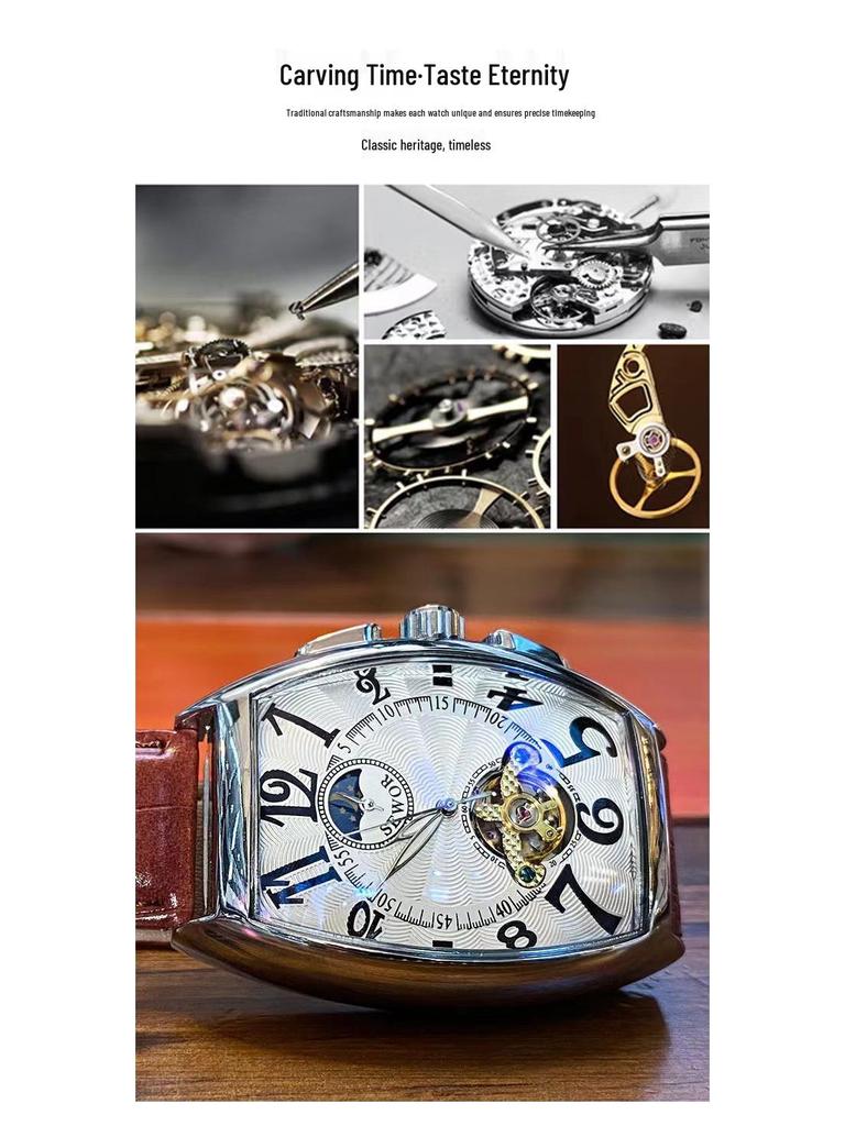 Men's Waterproof Barrel-Shaped Mechanical Leather Watch - Unique Design for Stylish Men