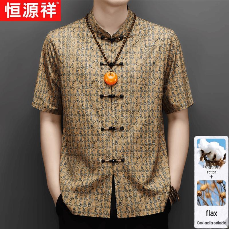 Hengyuanxiang Men s Ice Silk Retro Floral Short-Sleeve Shirt 180
