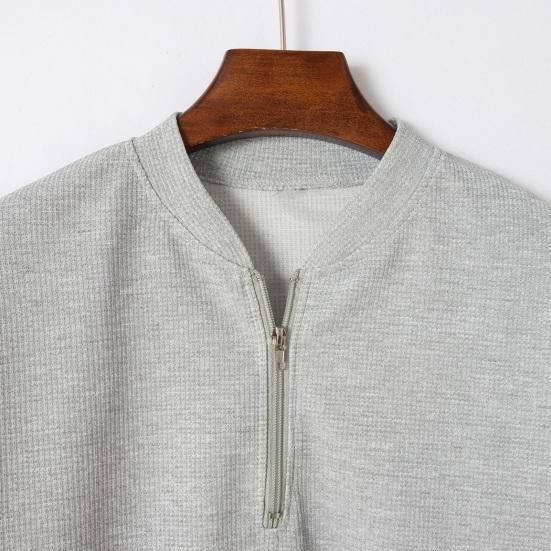 Men Stand Collar Shirt Short Sleeve Color Pullover Zipper Top with Solid Breathable Fitness Tee for Sports Travel Office