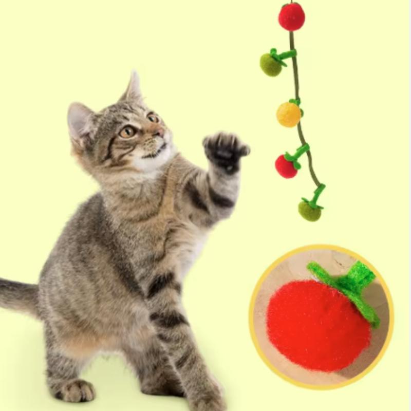 Portable Cartoon Tomato Cat Scratch Toy Plush Teaser Rope with Bell Funny Simulated Fruit Interactive Cat Teaser for Indoor Play