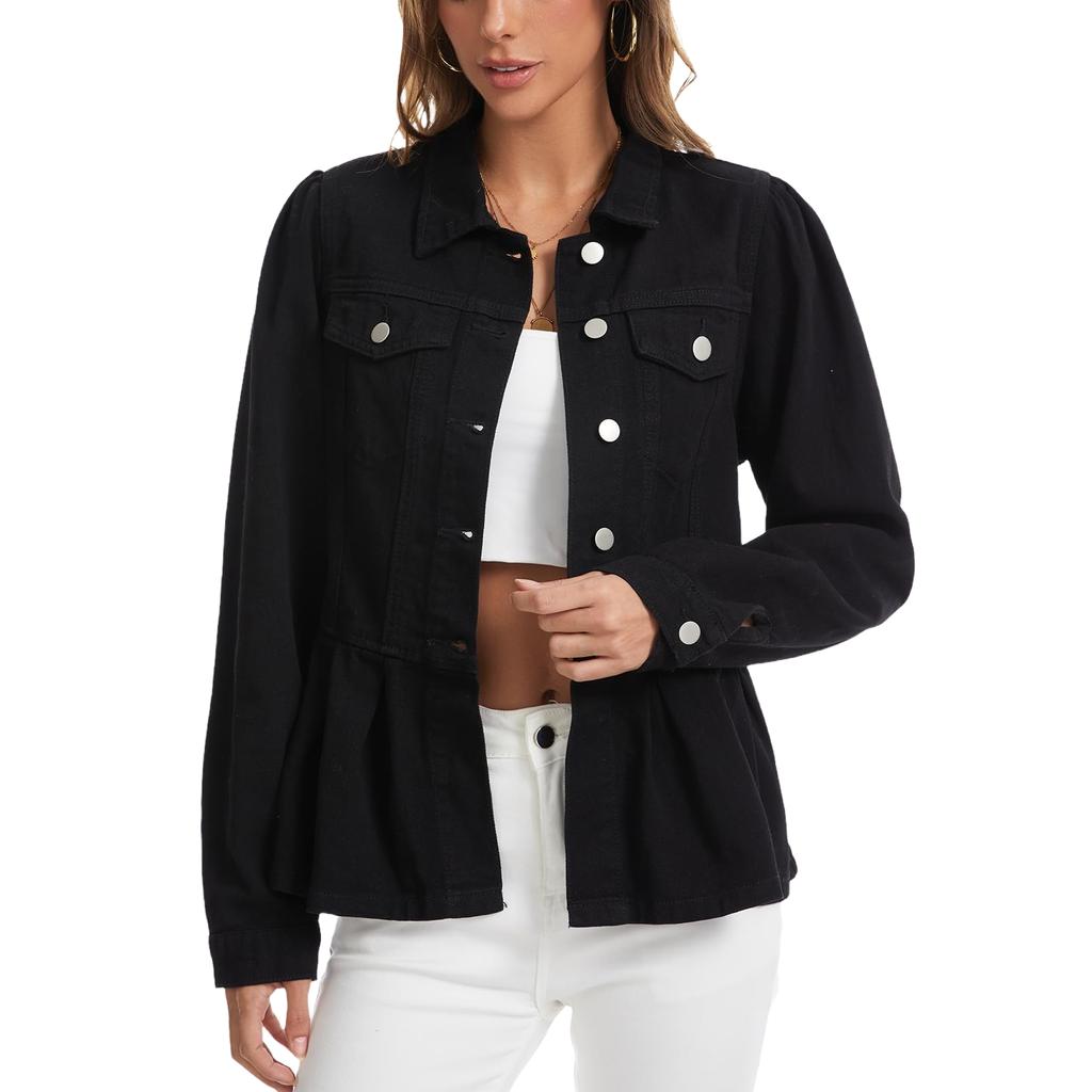 Women's Trendy Denim Jacket with Ruffle Trim, Fitted Waist and Multi-Pocket Utility