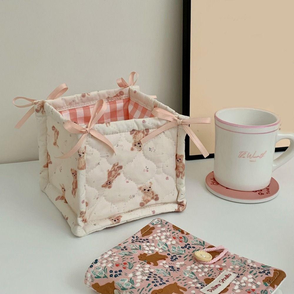 Cute Cotton Quilted Storage Basket Ins Style Square Desktop Storage Basket Soft Bear Pattern Sundries Organizing Bag Cosmetics