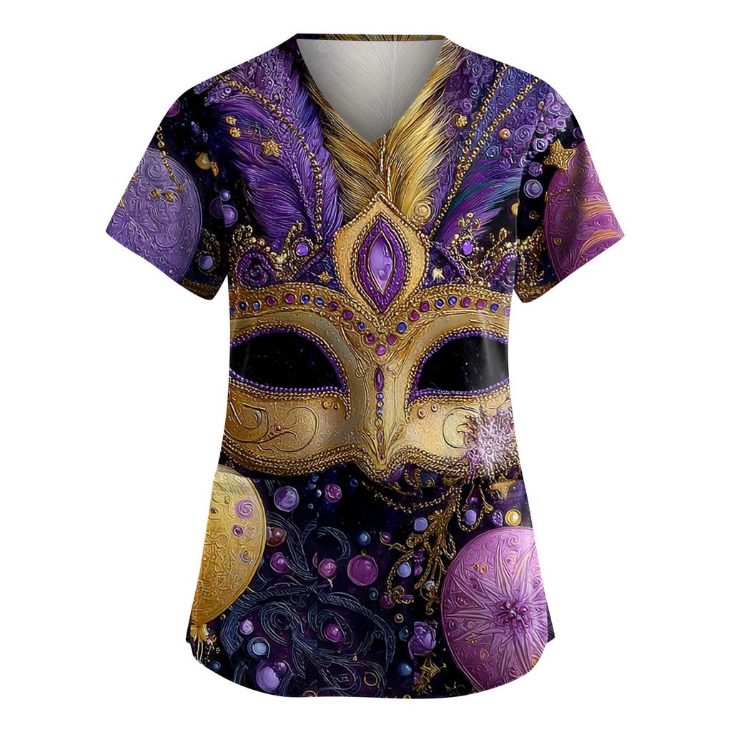 Women's Fashion V-Neck Short-Sleeved Workwear With Pockets Carnival Print Top Caregiver Uniform