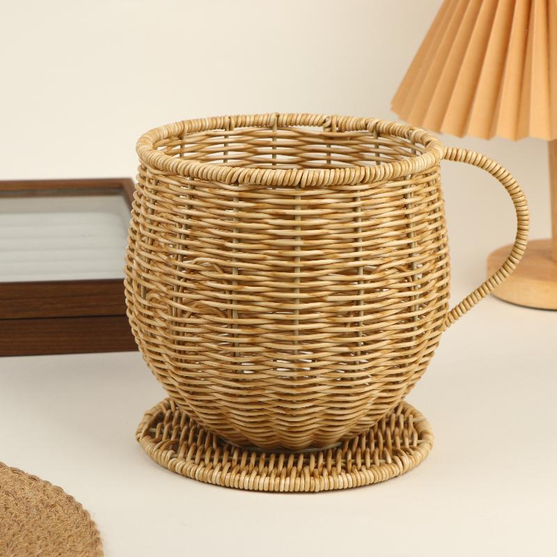 

Handmade Imitation Rattan Storage Basket Woven Milk Tea Coffee Storage Cup Multipurpose Organizer For Home Kitchen Decoration абрикосовий