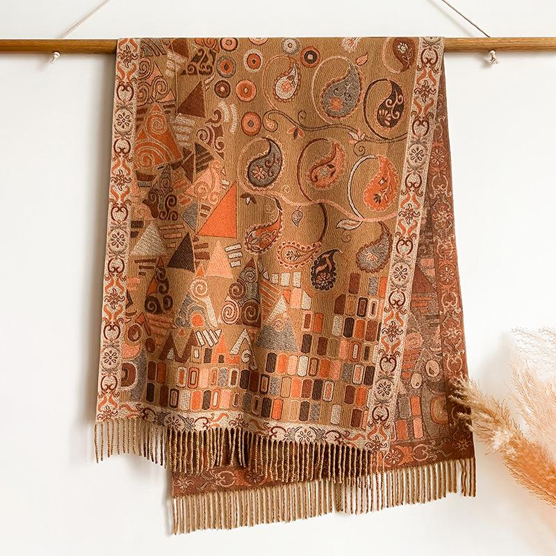 Cachecol Xale Capa Triângulo Plano Estilo Étnico Borla Quente Mulher