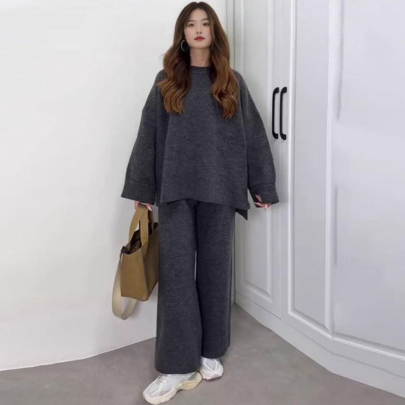 Women Casual Solid Color Knit Sweater Two Piece Set Autumn Winter Thick Round Neck Loose Pullover Wide Leg Pants Matching Sets