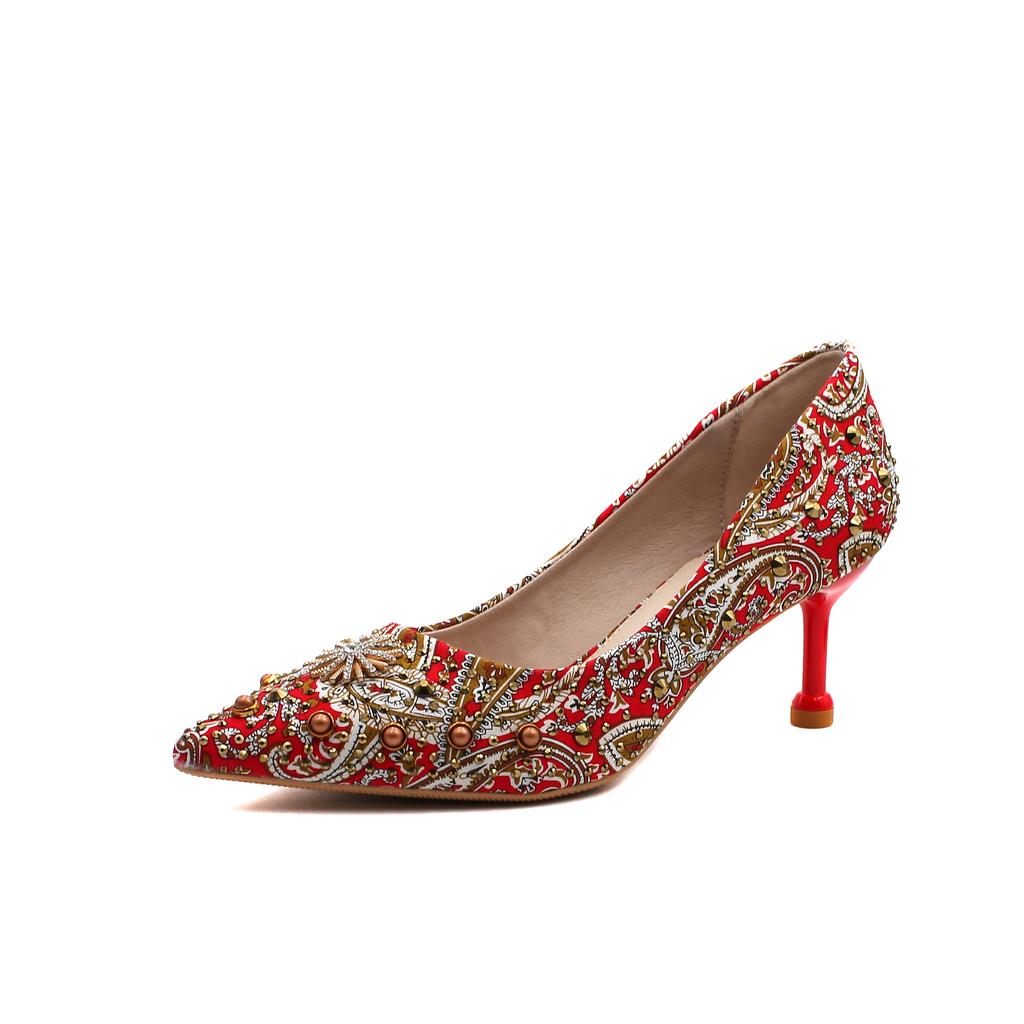 Hochzeitsschuhe Brautjungfer Hochzeitsschuhe Damen Neue Flache Mund Damen High Heels Strass Damen Stiletto Schuhe Nietennetz Rot 16