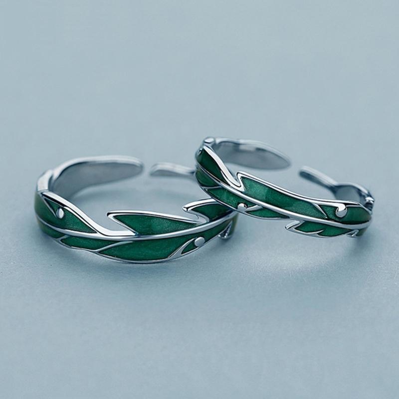2x Sweet Simple Irregular Green Leaves Couple Ring For Women Lover Silver Open Resizable Ring Romantic Wedding Jewelry