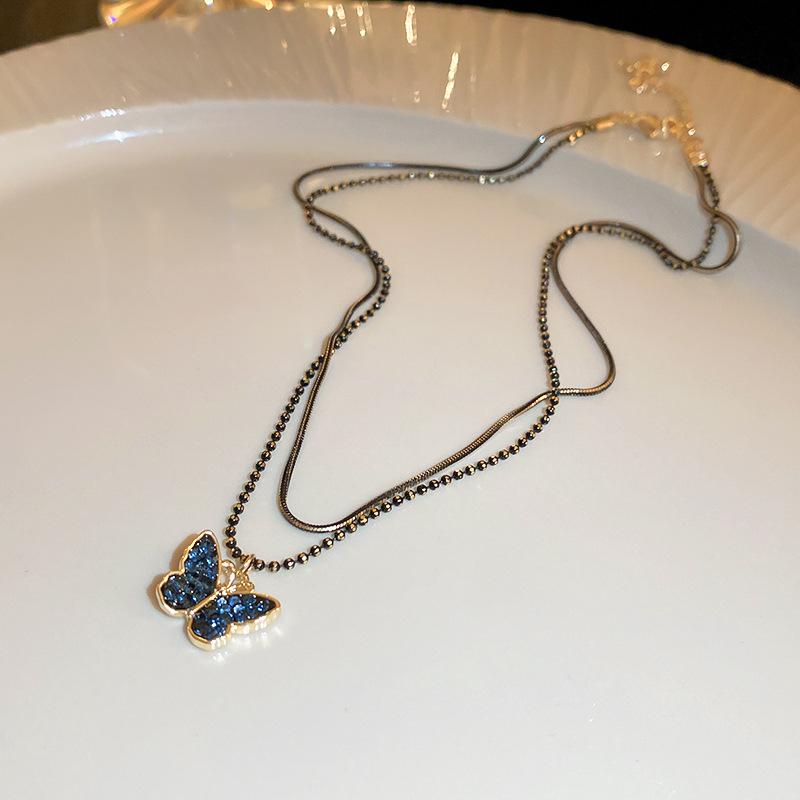 Black Double Butterfly Necklace Spice Girl Sweet Cool Wind Personality Collarbone Chain Versatile Necklace Female