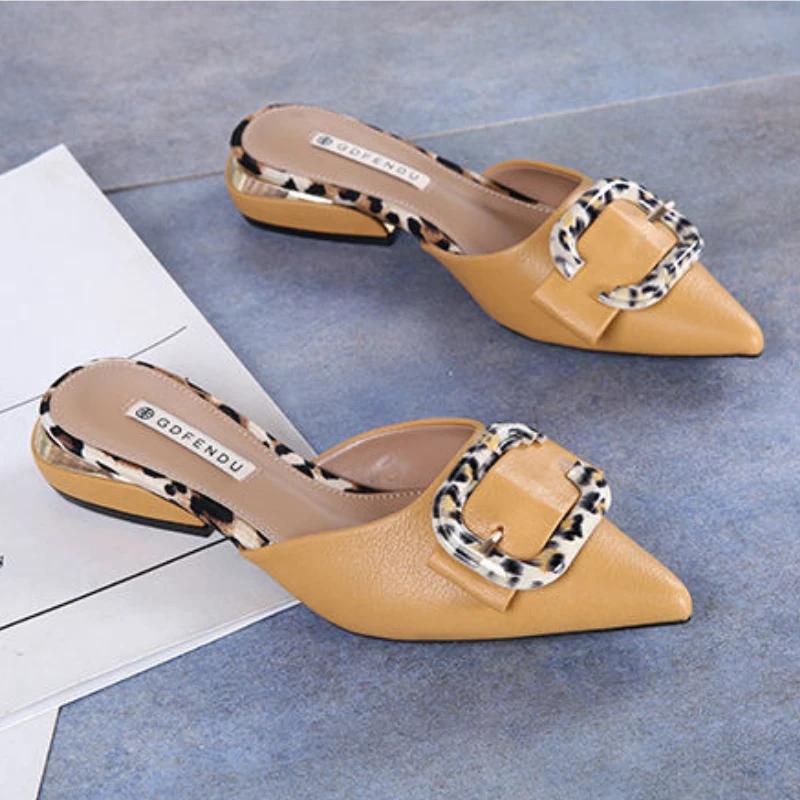 Fashion 2024 Outside Slides Flat Pointed Toe Leather Mules Low Heel Shoes Women's Slippers and Ladies Sandals Blue Chic Elegant I B W G