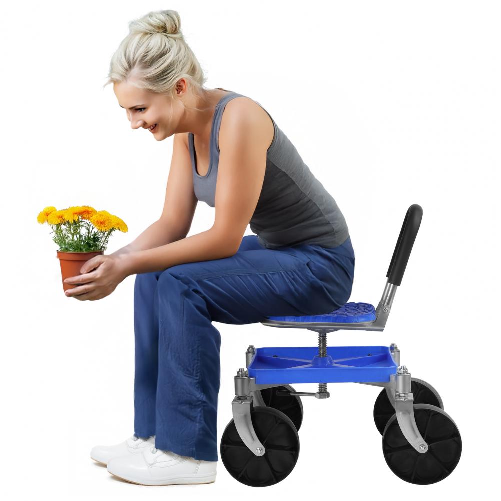 Gardening Rolling Seat, Height Adjustable Rolling Garden Cart, 360 Degree Swivel Gardening Stool with Tool Tray blu