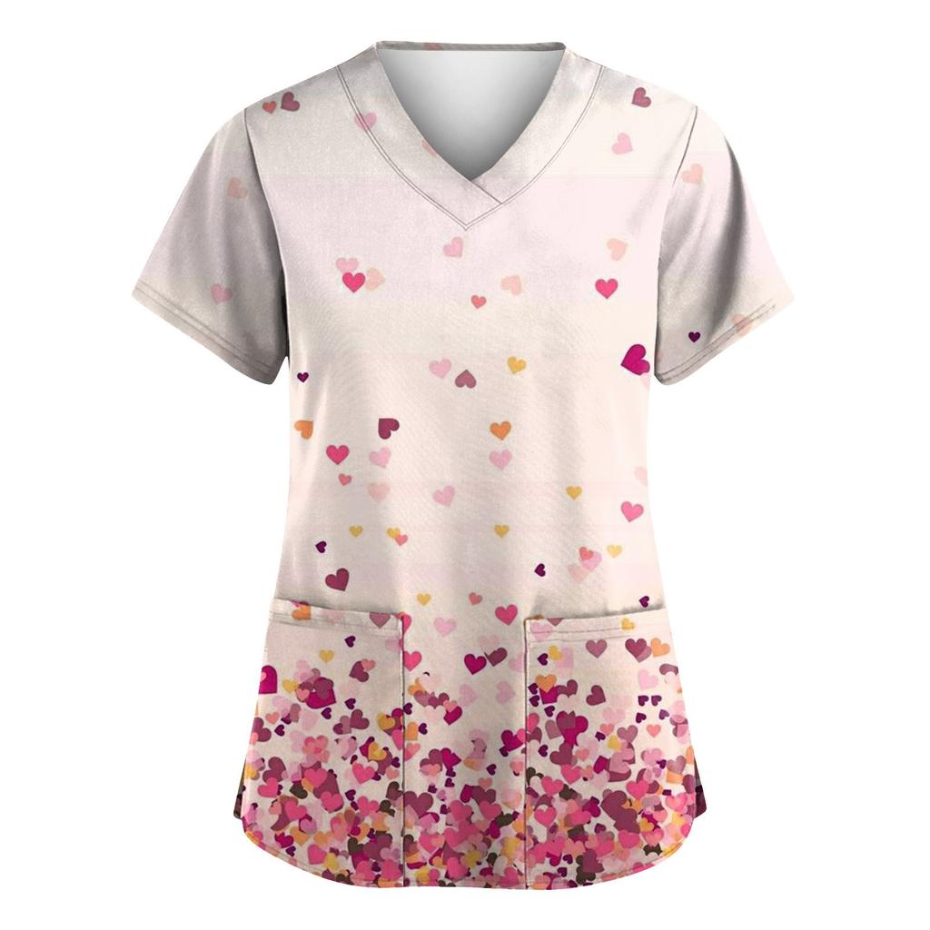 Women's Valentine's Day Printed  Uniform Work Uniform V-Neck Pocket Protective Uniform