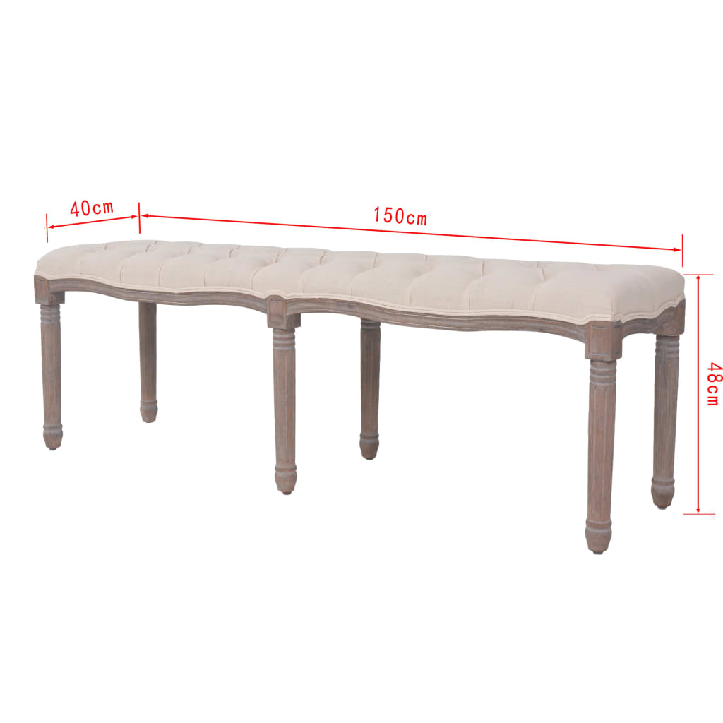 Linen Bench Solid Wood Frame 150 x 40 x 48 cm Cream White